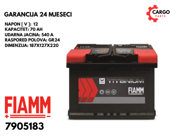 AKUMULATOR FIAMM 70Ah 540A B07/B12 0/1 BLACK TITANIUM GR24 / 70 Ah