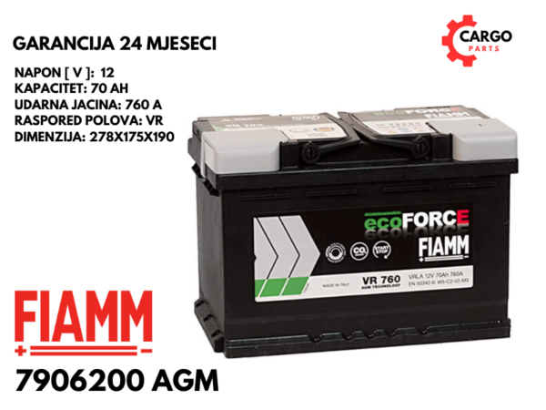 AKUMULATOR FIAMM 70AH 760A AGM START-STOP VR760 L3 / 70 Ah